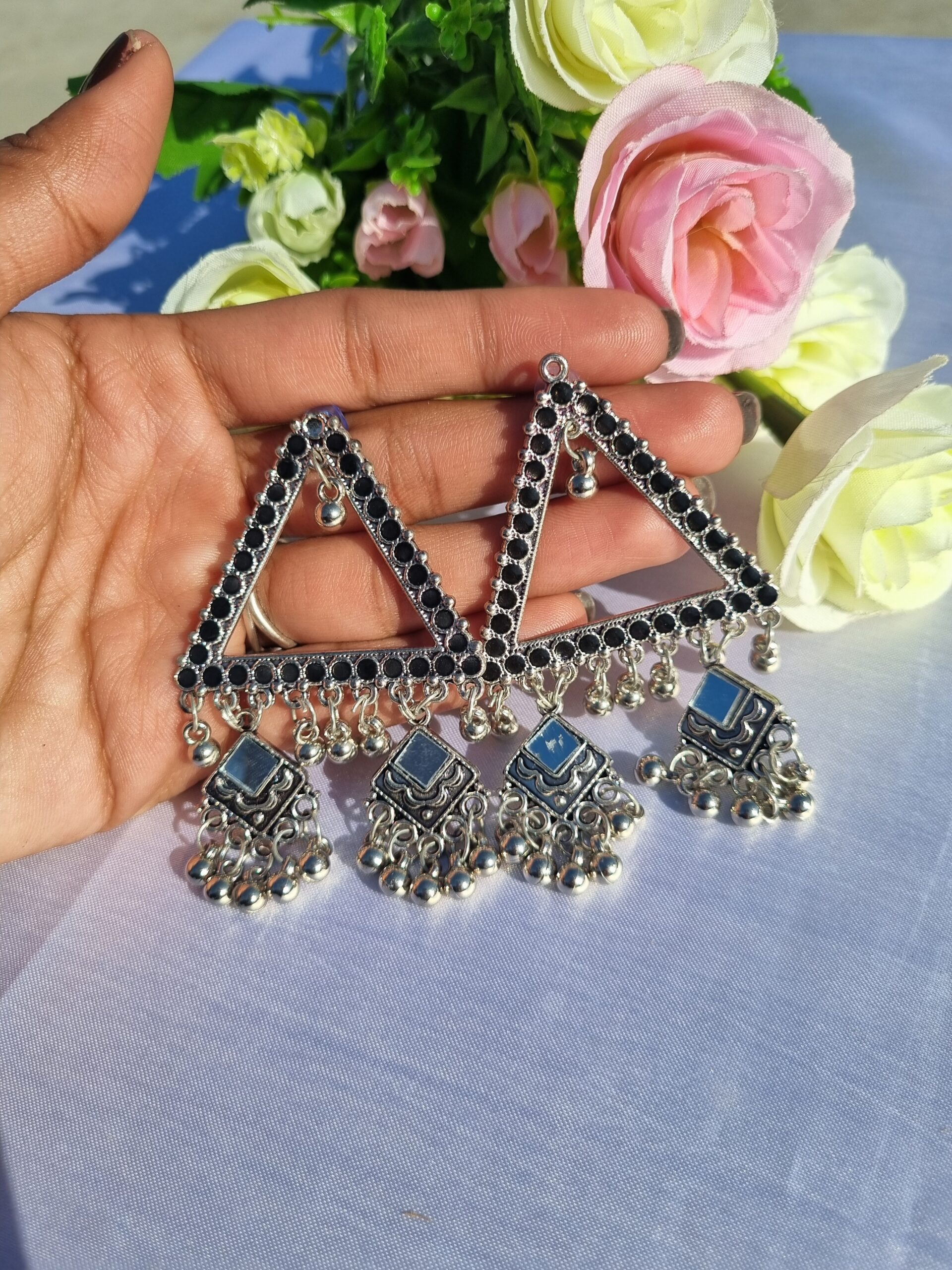 Oxidised Triangle Chandbali Earrings