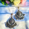 Oxidised Silver Chandbali Earrings with Red & Green Meenakari