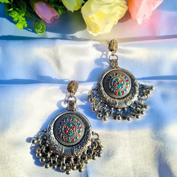 Untitled design (19) (1) Oxidised Silver Chandbali Earrings with Red & Green Meenakari
