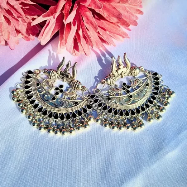 Oxidised Trishul Chandbali Earrings with Black Enamel Work