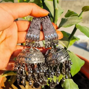 Oxidised Silver Mirror Work Long Jhumka Earrings