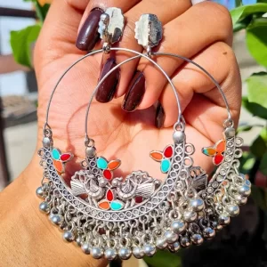 Oxidised Silver Boho Hoop Earrings with Colorful Meenakari Design