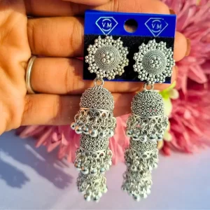 Triple Layer Oxidised Silver Jhumka Earrings for Women