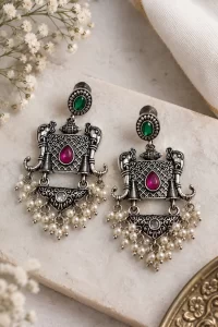 Oxidized Silver Elephant Jhumka Earrings with Pink Green Stones and Pearl Dangles