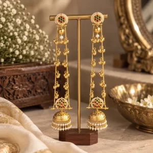 Kashmiri Long Jhumka Earrings with Multicolor Stones and Pearl Beads